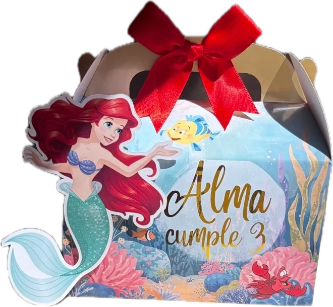 Caja de cumpleaños personalizada de La Sirenita con lazo y sirena 2D